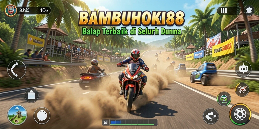 Tampilan gameplay <strong>BAMBUHOKI88</strong> menampilkan mobil balap yang melaju kencang di lintasan menantang.