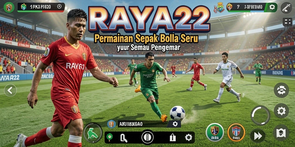 Tampilan gameplay menegangkan RAYA22 dengan aksi sepak bola di lapangan.