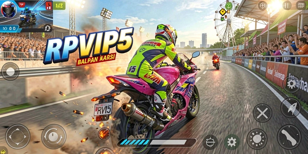 Screenshot RPVIP5 menampilkan aksi balapan motor yang seru.
