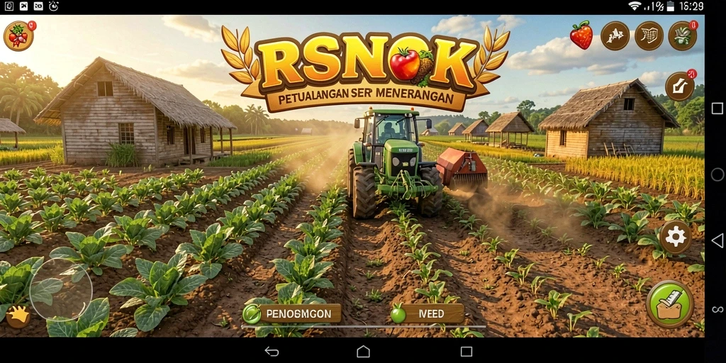Screenshot utama RSNOK menunjukkan aktivitas seru dalam bertani.