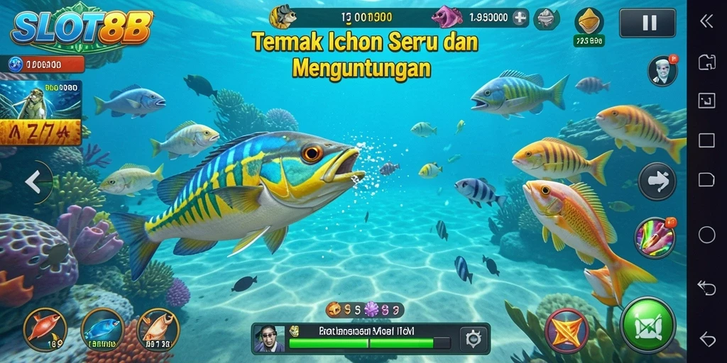 Tampilan gameplay SLOT88 dengan ikan yang berwarna-warni dan efek menembak yang seru.