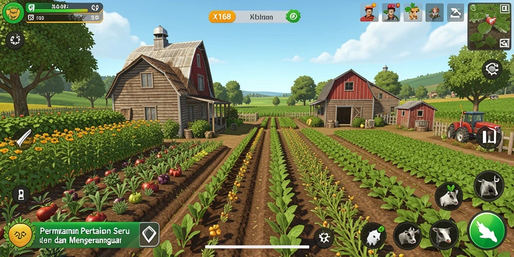Screenshot gameplay X168 menunjukkan aktivitas pertanian yang menantang dan menyenangkan.